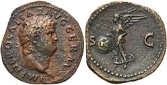 RÖMER RÖMISCHE KAISERZEIT. Nero, 54 - 68 n. Chr. AE As ø 29mm (7,89g). 66 n. Chr. Mzst. Rom. Vs.: IMP NERO CAESAR AVG GERM, Kopf mit Lorbeerkranz n. r. Rs.: S - C, Viktoria fliegt mit Schild mit der A