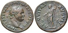 RÖMER RÖMISCHE KAISERZEIT. Titus, 79 - 81 n. Chr. AE As ø 26mm (10,42g). 80 - 81 n. Chr. Mzst. Rom. Vs.: IMP T CAES VESP AVG P M TR P COS VIII, Kopf mit Lorbeerkranz n. r. Rs.: AE-QVITAS AVGVST / S - 