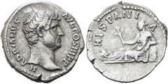 RÖMER RÖMISCHE KAISERZEIT. Hadrian, 117 - 138 n. Chr. Denar ø 19mm (3,03g). 130 - 133 n. Chr. Mzst. Rom. Vs.: HADRIANVS AVG COS III P P, Kopf n. r. Rs.: HISPANIA, Hispania mit Zweig auf Felsen gestütz
