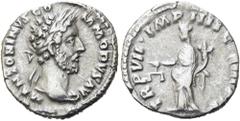 RÖMER RÖMISCHE KAISERZEIT. Commodus, 177 - 192 n. Chr. Denar ø 18mm (2,74g). 182 n. Chr. Mzst. Rom. Vs.: M ANTONINVS CO-MMODVS AVG, Kopf mit Lorbeerkranz n. r. Rs.: TR P VII IMP IIII COS III P P, Aequ