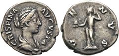 RÖMER RÖMISCHE KAISERZEIT. Crispina, 178 - 192 n. Chr. Denar ø 18mm (3,34g). Um 178 - 182 n. Chr. Mzst. Rom. Vs.: CRISPINA AVGVSTA, drapierte Büste n. r. Rs.: V-E-N-V-S, Venus mit Apfel lupft an ihrem