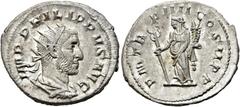 RÖMER RÖMISCHE KAISERZEIT. Philipp I. Arabs, 244 - 249 n. Chr. Antoninian ø 23mm (4,43g). 247 n. Chr. Mzst. Antiochia. Vs.: IMP PHILIPPVS AVG, drapierte Panzerbüste mit Strahlenkrone n. r. Rs.: P M TR
