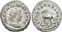 RÖMER RÖMISCHE KAISERZEIT. Philipp II., 247 - 249 n. Chr. Antoninian ø 23mm (4,41g). 248 n. Chr. Mzst. Rom. Emission zur 1000-Jahr-Feier Roms. Vs.: IMP PHILIPPVS AVG, drapierte Panzerbüste mit Strahle