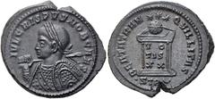 RÖMER RÖMISCHE KAISERZEIT. Crispus, 317 - 326 n. Chr. AE Follis ø 21mm (4,65g). 323 n. Chr. Mzst. Treveris. Vs.: IVL CRISPVS NOB CAES, Panzerbüste mit Lorbeerkranz, Schild u. Speer über der r. Schulte
