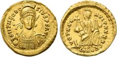 RÖMER RÖMISCHE KAISERZEIT. Theodosius II., 408 - 450 n. Chr. Solidus ø 21mm (3,81g). 430 - 440 n. Chr. Mzst. Konstantinopel. Vs.: D N THEODO-SIVS P F AVG, frontale Panzerbüste, Kopf leicht n. r., mit 