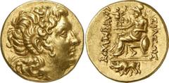GRIECHEN THRAKISCHE KÖNIGE UND DYNASTEN Lysimachos, 305 - 281 v. Chr. Stater, (8,49g). Ende 3. Jh. v. Chr. Mzst. Tyra(?). Vs.: Kopf Alexanders d. Gr. mit Diadem und Ammonshorn n. r. Rs.: ΒΑΣΙΛΕΩΣ ΛΥΣΙ