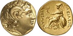 GRIECHEN THRAKISCHE KÖNIGE UND DYNASTEN Lysimachos, 305 - 281 v. Chr. Stater, (8,57g). 3./2 Jh. v. Chr. Mzst. unbest. (Kalchedon?). Vs.: Kopf Alexan­ders d. Gr. mit Diadem und Ammonshorn n. r. Rs.: ΒΑ