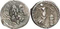 RÖMER RÖMISCHE REPUBLIK L. Rubrius Dossenus, 87 v. Chr. Quinar (1,75g). Mzst. Rom. Vs.: DOS-SEN, Kopf des Neptun mit Lorbeerkranz u. Dreizack n. r. Rs.: L RVBRI, Viktoria mit Kranz u. Palmzweig tanzt 