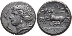 GRIECHEN SIZILIEN. SYRAKUS. Agathokles, 317 - 289 v.Chr. Tetradrachme ø 25mm (16,12g). Circa 310 - 304 v. Chr. Vs.: Kopf der Arethusa mit Schilfkranz, Ohrring und Perlenkette n. l., von drei Delfinen 