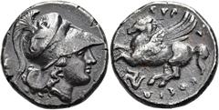 GRIECHEN SIZILIEN. SYRAKUS. Agathokles, 317 - 289 v. Chr. Didrachme ø 21mm (8,34g). Vs.: Kopf der Athena mit korinthischem Helm mit Greif auf dem Helmkessel n. r. Rs.: ΣΥΡ-Α-ΚΟΣΙΩ-[Ν], Pegasos n. l., 