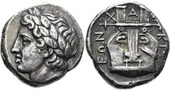 GRIECHEN MAKEDONIEN. CHALKIDISCHE LIGA. Tetradrachme ø 24mm (14,10g). 353 v. Chr. Mzst. Olynthos. Vs.: Kopf des Apollon mit Lorbeerkranz n. r. Rs.: Χ-Α-Λ-ΚΙΔ-ΕΩΝ, Kithara. Auf dem oberen Holm der Kith
