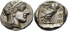 GRIECHEN ATTIKA. ATHEN. Tetradrachme ø 26mm (17,19g). 454 - 404 v. Chr. Vs.: Kopf der Athena mit attischem Helm, der mit drei Lorbeerblättern geschmückt ist, Ohrring und Perlenkette n. r. Rs.: ΑΘΕ, Eu