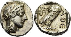 GRIECHEN ATTIKA. ATHEN. Tetradrachme ø 25mm (16,67g). 454 - 404 v. Chr. Vs.: Kopf der Athena mit attischem Helm, der mit drei Lorbeerblättern geschmückt ist, Ohrring und Perlenkette n. r. Rs.: ΑΘΕ, Eu