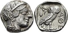 GRIECHEN ATTIKA. ATHEN. Tetradrachme ø 23mm (17,15g). 454 - 404 v. Chr. Vs.: Kopf der Athena mit attischem Helm, der mit drei Lorbeerblättern geschmückt ist, Ohrring und Perlenkette n. r. Rs.: ΑΘΕ, Eu
