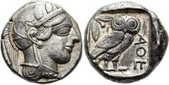 GRIECHEN ATTIKA. ATHEN. Tetradrachme ø 24mm (17,09g). 454 - 404 v. Chr. Vs.: Kopf der Athena mit attischem Helm, der mit drei Lorbeerblättern geschmückt ist, Ohrring und Perlenkette n. r. Rs.: ΑΘΕ, Eu