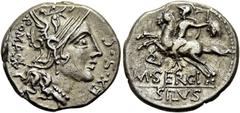 RÖMER RÖMISCHE REPUBLIK. RÖMISCHE REPUBLIK NACH 211 V. CHR. M. Sergius Silus, 116 oder 115 v. Chr. Denar ø 19mm (3,84g). Mzst. Rom. Vs.: ROMA / EX S C, Kopf der Roma n. r., dahinter Stern. Rs.: M SERG