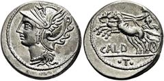 RÖMER RÖMISCHE REPUBLIK. RÖMISCHE REPUBLIK NACH 211 V. CHR. C. Coelius Caldus, 104 v. Chr. Denar ø 19mm (3,79g). Mzst. Rom. Vs.: Kopf der Roma n. l. Rs.: CALD, Viktoria fährt in Biga n. l., darunter K