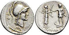RÖMER RÖMISCHE REPUBLIK. RÖMISCHE REPUBLIK NACH 211 V. CHR. Cn. Pompeius Magnus und M. Poblicius, 46 - 45 v. Chr. Denar ø 20mm (3,82g). Mzst. Corduba. Vs.: M POBLICI LEG PRO / PR, Kopf der Roma mit ko