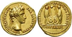 RÖMER RÖMISCHE KAISERZEIT. Augustus, 27 v. Chr. - 14 n. Chr. Aureus ø 20mm (7,96g). 8 - 7 v. Chr. Mzst. Lugdunum. Vs.: CAESAR AVGVSTVS DIVI F PATER PATRIAE, Kopf mit Lorbeerkranz n. r. Rs.: AVGVSTI F 