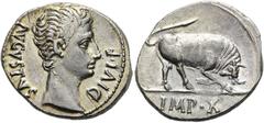RÖMER RÖMISCHE KAISERZEIT. Augustus, 27 v. Chr. - 14 n. Chr. Denar ø 19mm (3,82g). 15 - 13 v. Chr. Mzst. Lugdunum. Vs.: AVGVSTVS DIVI F, Kopf n. r. Rs.: IMP X, Stier n.r. stoßend. RIC 167a; C. 137; BM