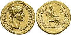 RÖMER RÖMISCHE KAISERZEIT. Tiberius, 14 - 37 n. Chr. Aureus ø 20mm (7,77g). 14 - 17 n. Chr. Mzst. Lugdunum. Vs.: TI CAESAR DIVI AVG F AVGVSTVS, Kopf mit Lorbeerkranz n. r. Rs.: PONTIF MAXIM, Iustitia 