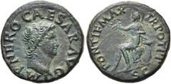 RÖMER RÖMISCHE KAISERZEIT. Nero, 54 - 68 n. Chr. AE Semis ø 20mm (5,43g). ca. 66 n.Chr. Mzst. Lugdunum. Vs.: IMP NERO CAESAR AVG, Büste mit Globus n. r. Rs.: PONTIF MAX TR POT PP / SC, linkshin auf ei