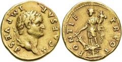 RÖMER RÖMISCHE KAISERZEIT. Titus als Caesar, 69 - 79 n. Chr. Aureus ø 19mm (7,32g). 74 n. Chr. Mzst. Rom. Vs.: T CAESAR IMP VESP, Kopf mit Lorbeerkranz n. r. Rs.: PONTIF TR POT, Fortuna mit Ruder u. F