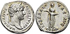 RÖMER RÖMISCHE KAISERZEIT. Hadrian, 117 - 138 n. Chr. Denar ø 18mm (3,68g). 128 - 129 n. Chr. Mzst. Rom. Vs.: HADRIANVS AVGVSTVS PP, Kopf mit Lorbeerkranz n.r. Rs.: LIBERALI-TAS AVG, Liberalitas steht