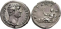 RÖMER RÖMISCHE KAISERZEIT. Hadrian, 117 - 138 n. Chr. Denar ø 18mm (3,41g). 130 - 133 n.Chr. Mzst. Rom. Vs.: HADRIANVS AVG COS III P P, Kopf n. r. Rs.: HISPANI-A, Hispania liegt mit Zweig auf Felsen g