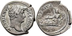 RÖMER RÖMISCHE KAISERZEIT. Hadrian, 117 - 138 n. Chr. Denar ø 19mm (3,08g). 130 - 133 n.Chr. Mzst. Rom. Vs.: HADRIANVS AVG COS III PP, Kopf n. r. Rs.: AFRICA, Africa mit Elephantenskalp auf dem Haupt 