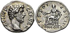RÖMER RÖMISCHE KAISERZEIT. Aelius Caesar, 137 n. Chr. Denar ø 17mm (3,01g). Mzst. Rom. Vs.: L AELIVS CAESAR, Kopf n. r. Rs.: TR POT COS II / CONCORD, Concordia mit Patera sitzt auf Füllhorn gestützt n