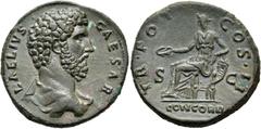 RÖMER RÖMISCHE KAISERZEIT. Aelius Caesar, 137 n. Chr. AE Sesterz ø 31mm (21,92g). Mzst. Rom. Vs.: L AELIVS CAESAR, Kopf n. r. Rs.: TR POT COS II / CONCORDIA / S - C, Concordia mit Patera sitzt auf Fül