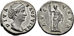 RÖMER RÖMISCHE KAISERZEIT. Diva Faustina maior, ab 140 n. Chr. Denar ø 17mm (3,69g). Mzst. Rom. Vs.: DIVA FAVSTINA, drapierte Büste n. r. Rs.: AVG-VSTA, Ceres capite velato mit Fackel lupft ihr Gewand
