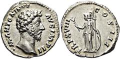 RÖMER RÖMISCHE KAISERZEIT. Marcus Aurelius, 161 - 180 n. Chr. Denar ø 18mm (3,42g). 164 n. Chr. Mzst. Rom. Vs.: M ANTONINVS AVG IMP II, Panzerbüste mit Lorbeerkranz n. r. Rs.: TR P XVIII COS III, Mine