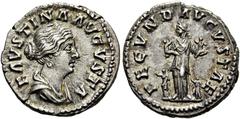 RÖMER RÖMISCHE KAISERZEIT. Faustina minor, 147 - 176 n. Chr. Denar ø 18mm (3,43g). 161 - 164 n. Chr. Mzst. Rom. Vs.: FAVSTINA AVGVSTA, drapierte Büste n. r. Rs.: FECVND AVGVSTAE, Fecunditas mit zwei K