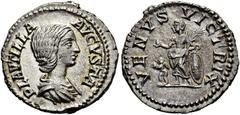 RÖMER RÖMISCHE KAISERZEIT. Plautilla, 202 - 205 n. Chr. Denar ø 19mm (3,26g). 204 n. Chr. Mzst. Rom. Vs.: PLAVTILLA AVGVSTA, drapierte Büste n. r. Rs.: VENVS VICTRIX, Venus mit Apfel u. Palmzweig lehn