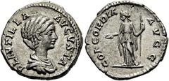 RÖMER RÖMISCHE KAISERZEIT. Plautilla, 202 - 205 n. Chr. Denar ø 18mm (3,31g). 202 n. Chr. Mzst. Rom. Vs.: PLAVTILLA AVGVSTA, drapierte Büste n. r. Rs.: CONCORDIA AVGG, Concordia steht mit langem Zepte