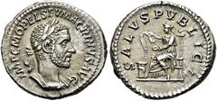 RÖMER RÖMISCHE KAISERZEIT. Macrinus, 217 - 218 n. Chr. Denar ø 19mm (3,84g). Mzst. Rom. Vs.: IMP C M OPEL SEV MACRINVS AVG, Panzerbüste mit Lorbeerkranz n. r. Rs.: SALVS PVBLICA, Salus thront n. l. u.