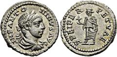 RÖMER RÖMISCHE KAISERZEIT. Elagabal, 218 - 222 n. Chr. Denar ø 19mm (3,08g). 219 - 220 n.Chr. Mzst. Antiochia. Vs.: IMP ANTO-NINVS AVG, drapierte Panzerbüste mit Lorbeerkranz n. r. Rs.: SPEI PER-PETVA