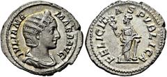 RÖMER RÖMISCHE KAISERZEIT. Iulia Mamaea, 222 - 235 n. Chr. Denar ø 21mm (2,91g). 228 n. Chr. Mzst. Rom. Vs.: IVLIA MA-MAEA AVG, drapierte Büste mit Stephane n. r. Rs.: FELICIT-A-S PVBLICA, Felicitas m