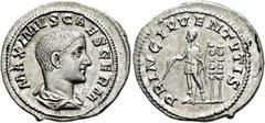RÖMER RÖMISCHE KAISERZEIT. Maximus, 235 - 238 n. Chr. Denar ø 22mm (2,89g). 236 n. Chr. Mzst. Rom. Vs.: MAXIMVS CAES GERM, drapierte Panzerbüste n. r. Rs.: PRINC IVVENTVTIS, Maximus im militärischen G