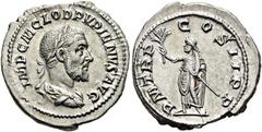 RÖMER RÖMISCHE KAISERZEIT. Pupienus, 238 n. Chr. Denar ø 20mm (3,27g). Mzst. Rom. Vs.: IMP C M CLOD PVPIENVS AVG, drapierte Panzerbüste mit Lorbeerkranz n. r. Rs.: P M TR P COS II P P, Kaiser als Toga