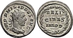 RÖMER RÖMISCHE KAISERZEIT. Philipp I. Arabs, 244 - 249 n. Chr. Antoninian ø 21mm (4,65g). 247 - 249 n. Chr. Mzst. Rom. Vs.: IMP PHILIPPVS AVG, drapierte Panzerbüste mit Strahlenkrone n. r. Rs.: FELI/C