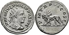 RÖMER RÖMISCHE KAISERZEIT. Philipp II., 247 - 249 n. Chr. Antoninian ø 22mm (4,40g). 249 n. Chr. Mzst. Antiochia am Orontes. Vs.: IMP M IVL PHILIPPVS AVG, drapierte Panzerbüste mit Strahlenkrone n. r.