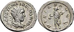 RÖMER RÖMISCHE KAISERZEIT. Herennius Etruscus als Caesar, 250 - 251 n. Chr. Antoninian ø 24mm (4,45g). Mzst. Rom. Vs.: Q HER ETR MES DECIVS NOB C, drapierte Büste mit Strahlenkrone n. r. Rs.: PIETAS A