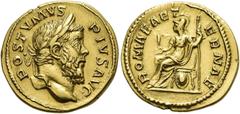 RÖMER RÖMISCHE KAISERZEIT. Postumus, 259 - 269 n. Chr. Aureus ø 20mm (6,22g). Mzst. Lugdunum. Vs.: POSTVMVS PIVS AVG, Kopf mit Lorbeerkranz n.r. Rs.: ROMAE AET-ERNAE, Roma thront mit Lanze u. Victorio