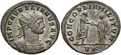 RÖMER RÖMISCHE KAISERZEIT. Aurelian, 270 - 275 n. Chr. Antoninian ø 23mm (3,88g). Frühling 274 n. Chr. Mzst. Siscia. Vs.: IMP C AVRELIANVS AVG, Panzerbüste mit Strahlenkrone n. r. Rs.: CONCORDIA MILIT