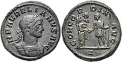 RÖMER RÖMISCHE KAISERZEIT. Aurelian, 270 - 275 n. Chr. AE As ø 24mm (7,89g). Anfang - September 275 n. Chr. Mzst. Rom. Vs.: IMP AVRELIANVS AVG, Panzerbüste mit Lorbeerkranz n. r. Rs.: CONCO-R-DIA AVG 