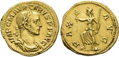 RÖMER RÖMISCHE KAISERZEIT. Carus, 282 - 283 n. Chr. Aureus ø 19mm (4,62g). 282 n.Chr. Mzst. Lugdunum. Vs.: IMP C M AVR CARVS P F AVG, drapierte Panzerbüste mit Lorbeerkranz n. r. Rs.: AVG PAX, Pax mit