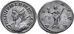 RÖMER RÖMISCHE KAISERZEIT. Numerianus, 283 - 284 n. Chr. Antoninian ø 23mm (3,69g). Mzst. Lugdunum. Vs.: IMP NVMERIANVS AVG, Panzerbüste mit Strahlenkrone, Lanze u. Schild n. l. Rs.: PAX AVGG / B, Pax
